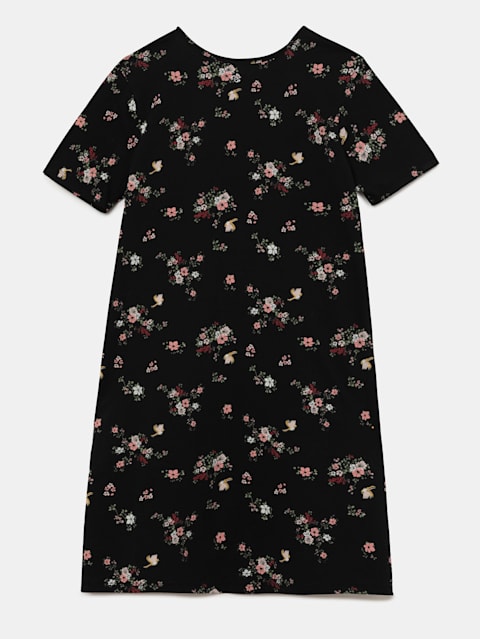 Girl's Super Combed Cotton Printed Relaxed Fit Short Sleeve Sleep Dress with Side Pockets and Headband - Black Printed