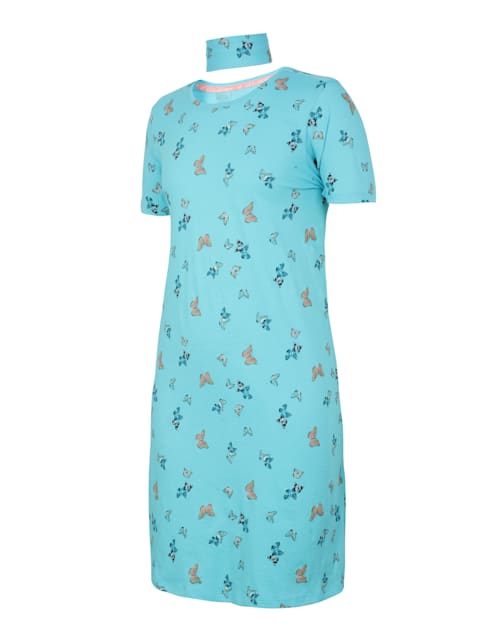 Girl's Super Combed Cotton Printed Relaxed Fit Short Sleeve Sleep Dress with Side Pockets and Headband - Blue Curacao Printed