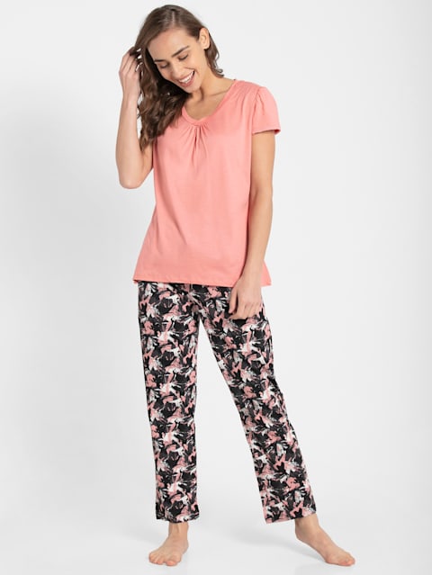 Women's Micro Modal Cotton Relaxed Fit Printed Pyjama with Lace Trim on Pockets - Black