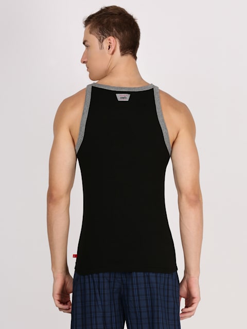 Men's Super Combed Cotton Rib Square Neckline Gym Vest - Black & Mid grey Melange