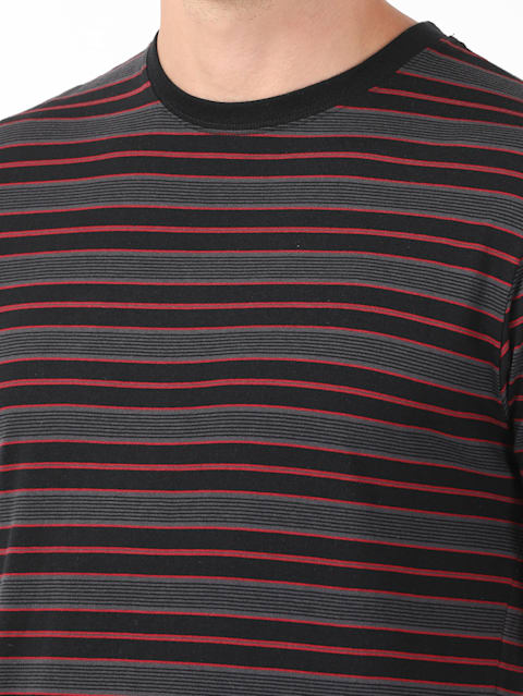 Men's Super Combed Cotton Rich Striped Round Neck Half Sleeve T-Shirt - Black & Graphite