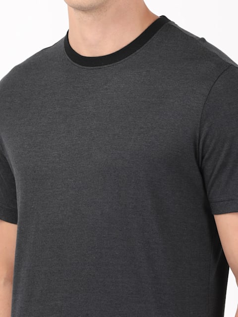 Men's Micro Modal And Combed Cotton Blend Thin Striped Round Neck Half Sleeve T-Shirt - Black & Graphite