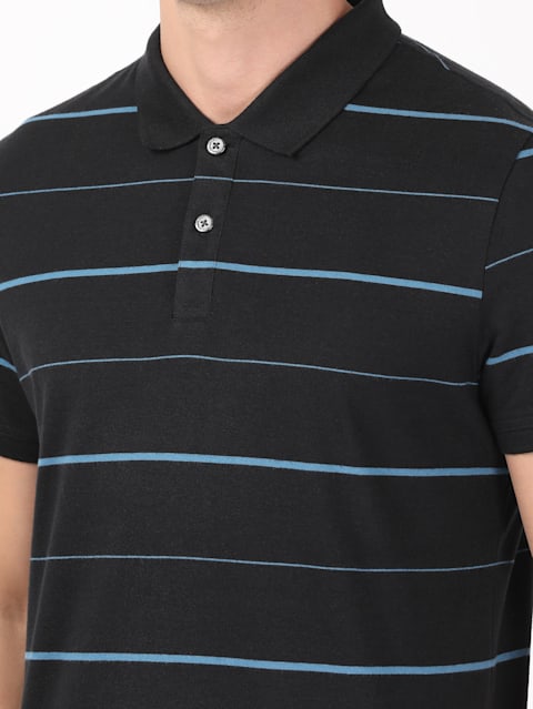 Men's Super Combed Cotton Rich Striped Half Sleeve Polo T-Shirt - Black & Stellar
