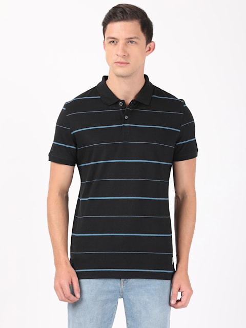 Men's Super Combed Cotton Rich Striped Half Sleeve Polo T-Shirt - Black & Stellar