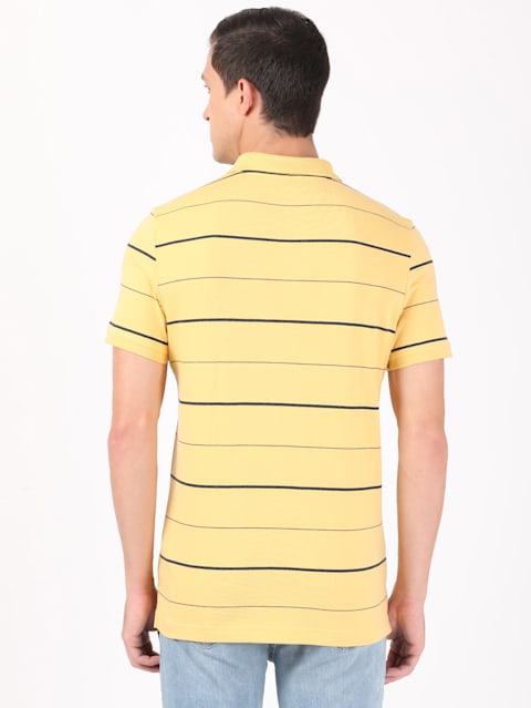Men's Super Combed Cotton Rich Striped Half Sleeve Polo T-Shirt - Corn silk & Night Sky ground