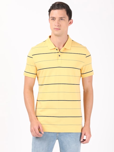 Men's Super Combed Cotton Rich Striped Half Sleeve Polo T-Shirt - Corn silk & Night Sky ground