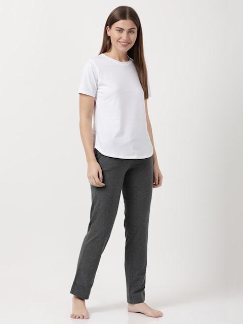 Women's Super Combed Cotton Elastane Stretch Relaxed Fit Trackpants With Side Pockets - Charcoal Melange