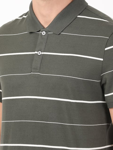 Men's Super Combed Cotton Rich Striped Half Sleeve Polo T-Shirt - Deep Olive/Ecru