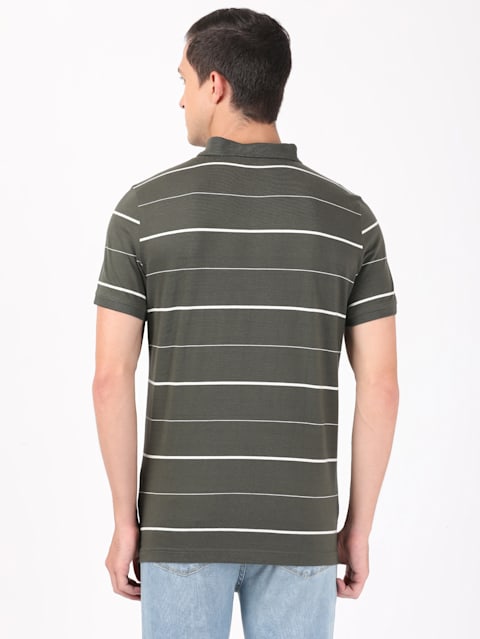 Men's Super Combed Cotton Rich Striped Half Sleeve Polo T-Shirt - Deep Olive/Ecru
