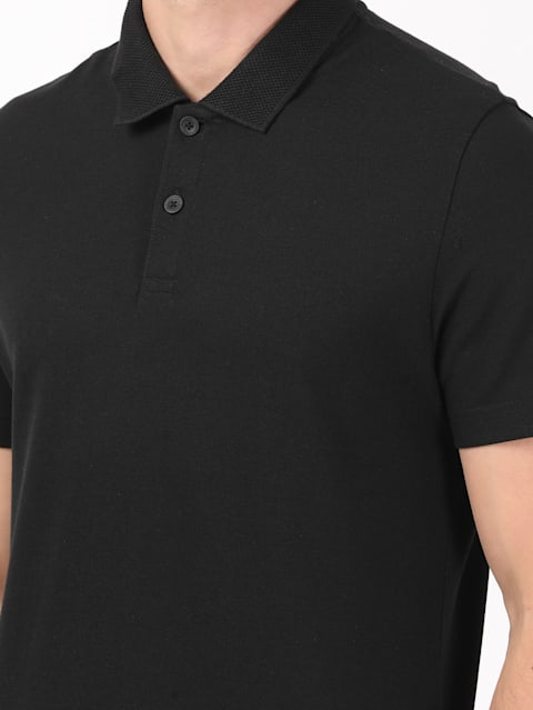 Men's Super Combed Cotton Rich Pique Fabric Solid Half Sleeve Polo T-Shirt - Black