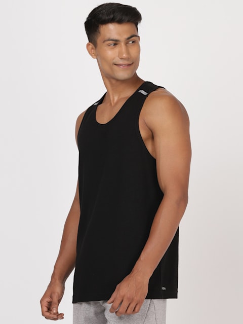 Men's Super Combed Cotton Rich Solid Low Neck Tank Top With Breathable Mesh and Stay Fresh Treatment - Black