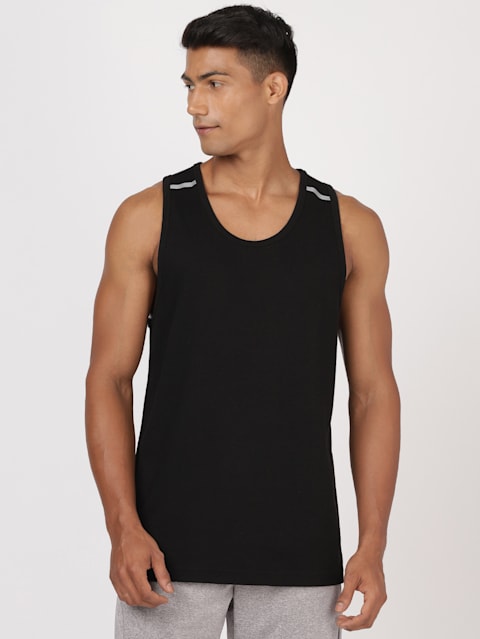 Men's Super Combed Cotton Rich Solid Low Neck Tank Top With Breathable Mesh and Stay Fresh Treatment - Black
