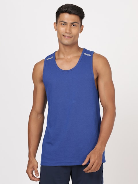 Men's Super Combed Cotton Rich Solid Low Neck Tank Top With Breathable Mesh and Stay Fresh Treatment - Cobalt Blue
