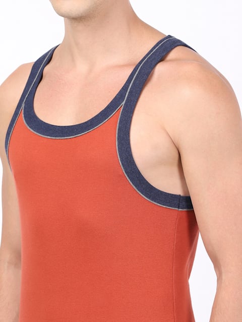 Men's Super Combed Cotton Rib Square Neckline Gym Vest with Back Panel Graphic Print - Cinnabar