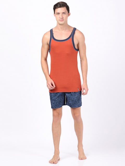 Men's Super Combed Cotton Rib Square Neckline Gym Vest with Back Panel Graphic Print - Cinnabar