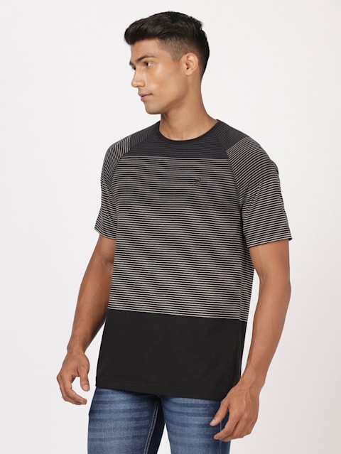 Men's Super Combed Cotton Rich Striped Round Neck Half Sleeve T-Shirt - Black