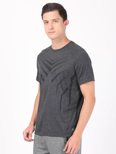 Men's Microfiber Fabric Graphic Printed Round Neck Half Sleeve T-Shirt with Stay Fresh Treatment - Black Melange