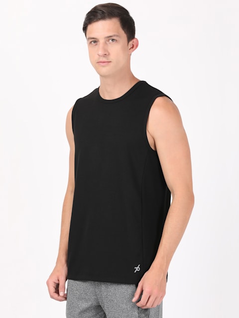 Men's Super Combed Cotton Blend Breathable Mesh Sleeveless Muscle Tee with Stay Fresh Treatment - Black