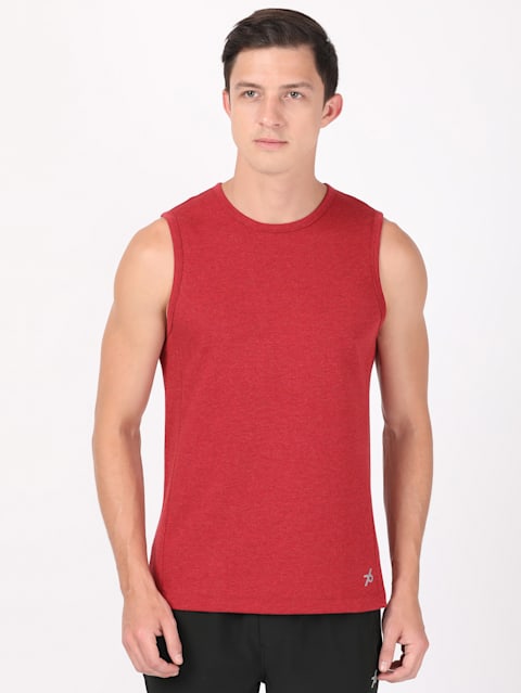 Men's Super Combed Cotton Blend Breathable Mesh Sleeveless Muscle Tee with Stay Fresh Treatment - Brick Red Melange