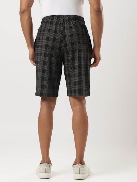 Men's Super Combed Cotton Elastane Stretch Regular Fit Checkered Shorts with Side Pockets - Black