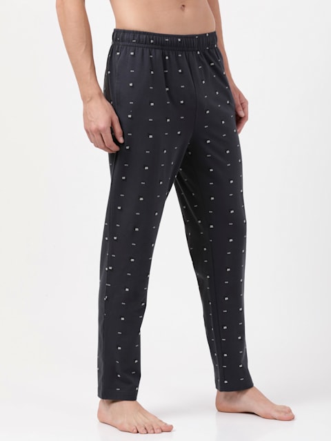 Men's Super Combed Cotton Elastane Stretch Regular Fit Printed Pyjama with Side Pockets - Black