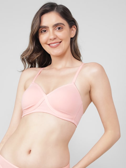 Women's Wirefree Padded Super Combed Cotton Elastane Stretch Full Coverage T-Shirt Bra with Cross Over Fit and Adjustable Straps - Candlelight Peach