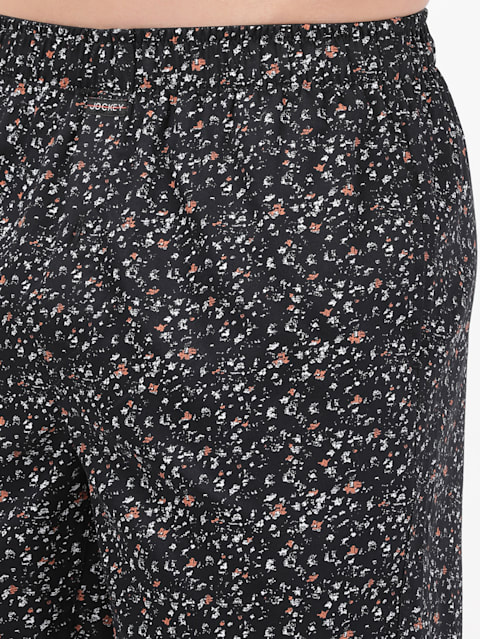 Men's Super Combed Cotton Satin Weave Printed Boxer Shorts with Side Pocket - Black