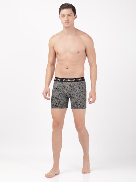 Men's Super Combed Cotton Elastane Stretch Printed Boxer Brief with Ultrasoft Waistband - Black