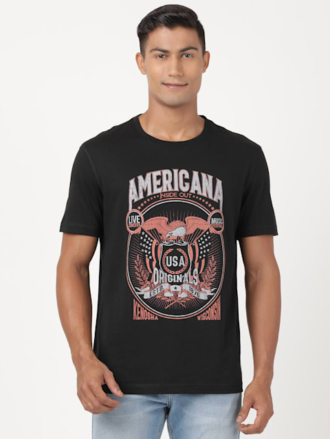 Men's Super Combed Cotton Rich Graphic Printed Round Neck Half Sleeve T-Shirt - Black print