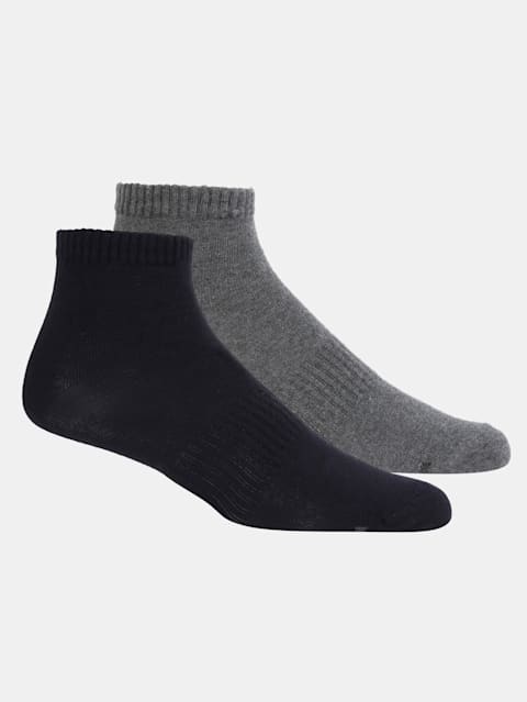 Men's Compact Cotton Stretch Ankle Length Socks With Stay Fresh Treatment - Black & Charcoal Melange(Pack of 2)