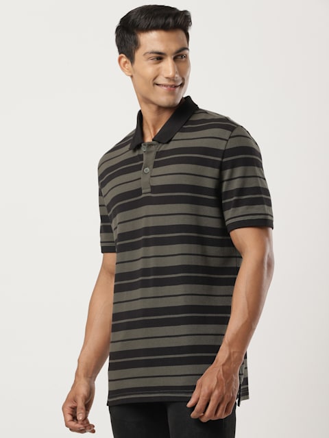 Men's Super Combed Cotton Rich Striped Polo T-Shirt - Black & Deep Olive