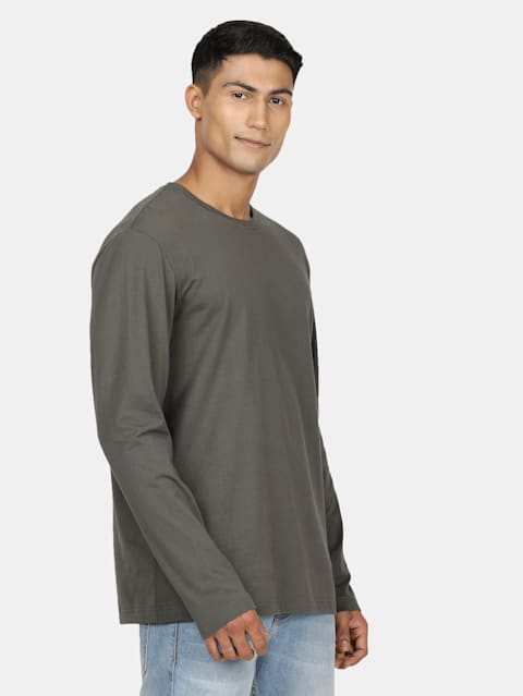 Men's Super Combed Cotton Rich Solid Round Neck Full Sleeve T-Shirt - Black Olive