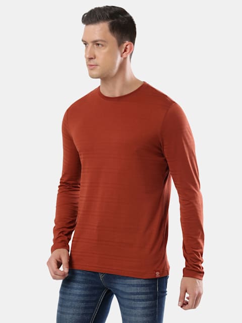 Men's Super Combed Supima Cotton Solid Round Neck Full Sleeve T-Shirt - Burnt Henna