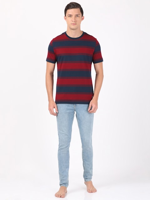 Men's Super Combed Cotton Rich Striped Round Neck Half Sleeve T-Shirt - Deep Red & Navy