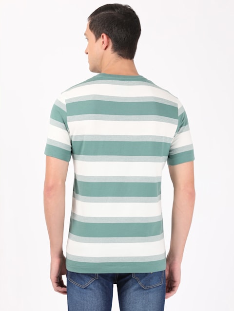 Men's Super Combed Cotton Rich Striped Round Neck Half Sleeve T-Shirt - Ecru & Green Spruce