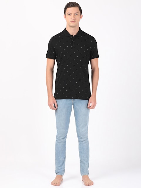 Men's Tencel Micro Modal And Cotton Blend Printed Half Sleeve Polo T-Shirt - Black