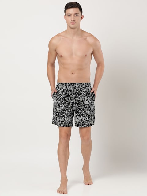 Men's Super Combed Cotton Satin Weave Printed Boxer Shorts with Side Pocket - Black-Geometrical
