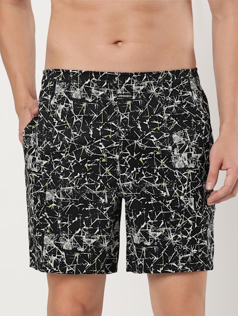Men's Super Combed Cotton Satin Weave Printed Boxer Shorts with Side Pocket - Black-Geometrical
