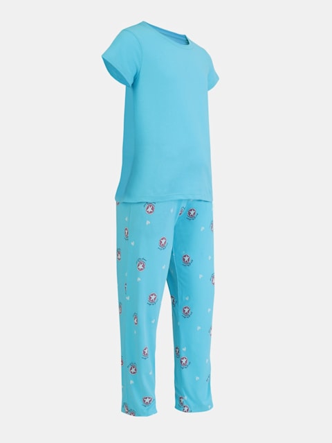 Girl's Super Combed Cotton Relaxed Fit Short Sleeve Printed T-Shirt and Pyjama Set - Blue Curacao