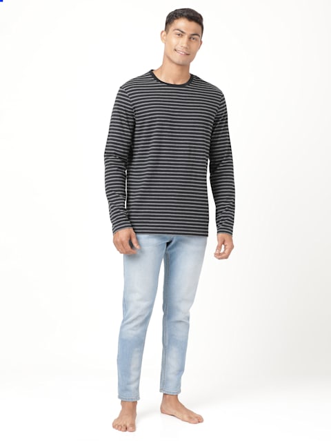 Men's Super Combed Cotton Rich Striped Round Neck Full Sleeve T-Shirt - Black & Charcoal Melange