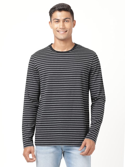 Men's Super Combed Cotton Rich Striped Round Neck Full Sleeve T-Shirt - Black & Charcoal Melange