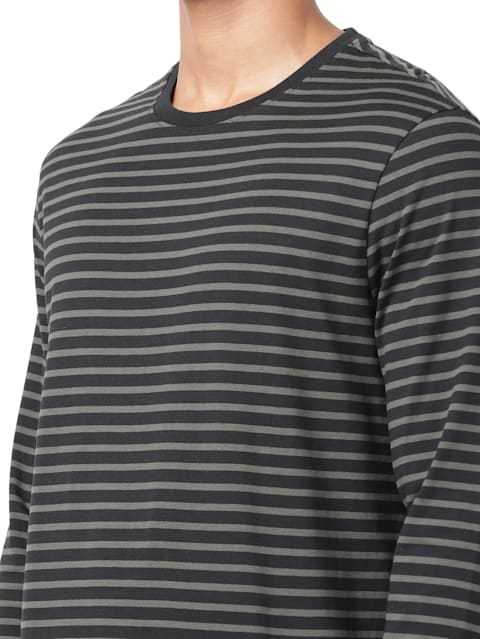 Men's Super Combed Cotton Rich Striped Round Neck Full Sleeve T-Shirt - Black & Deep Olive