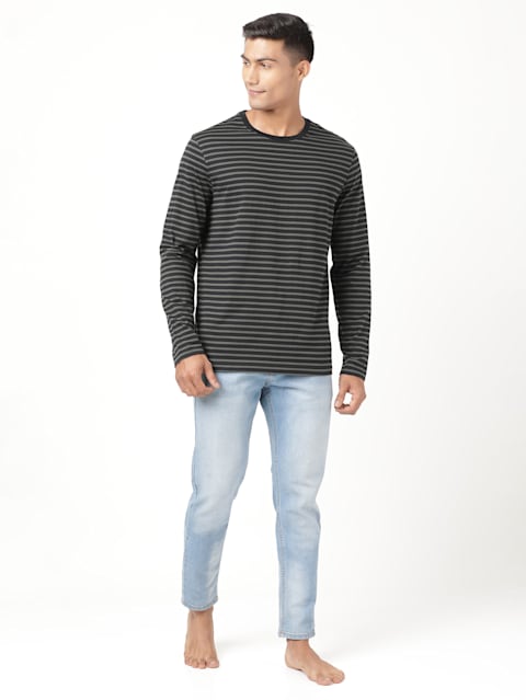 Men's Super Combed Cotton Rich Striped Round Neck Full Sleeve T-Shirt - Black & Deep Olive