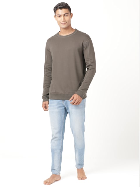 Men's Super Combed Cotton Rich Pique Sweatshirt with Ribbed Cuffs - Black Olive