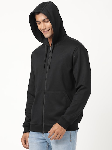 Men's Super Combed Cotton Rich Pique Fabric Ribbed Cuff Hoodie Jacket - Black