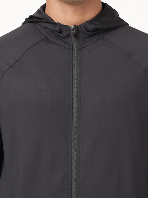 Men's Microfiber Elastane Stretch Solid Performance Hoodie Jacket with Stay Dry Technology - Black