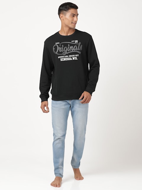 Men's Super Combed Cotton Rich French Terry Printed Sweatshirt with Ribbed Cuffs - Black