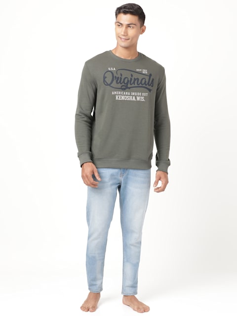 Men's Super Combed Cotton Rich French Terry Printed Sweatshirt with Ribbed Cuffs - Deep Olive