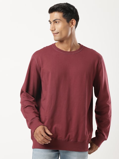 Men's Super Combed Cotton French Terry Solid Sweatshirt with Ribbed Cuffs - Burgundy