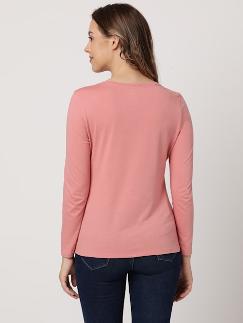 Women's Super Combed Cotton Rich Relaxed Fit Solid Round Neck Full Sleeve T-Shirt - Brandied Apricot